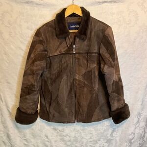 Leather Works Suede Patchwork Fur Trim Jacket Women's Size L Y2K Boho Streetwear